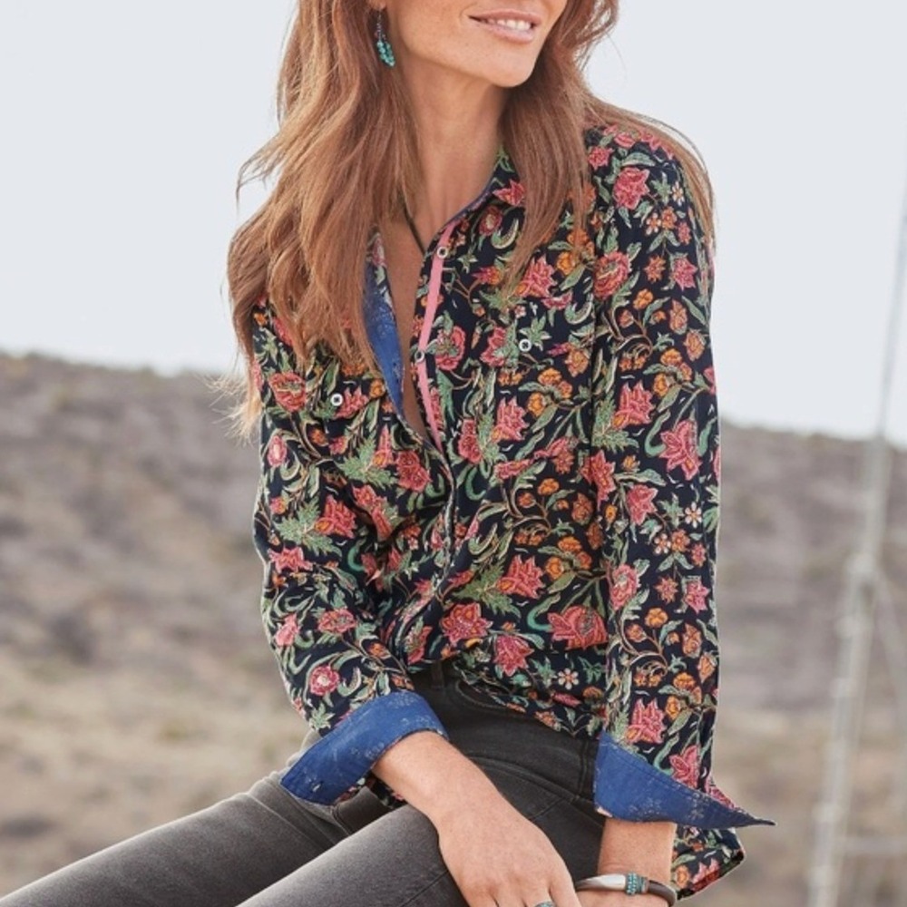 Sundance Button Down Shirt Floral Paisley Cotton Small Boho Western Top Earthy